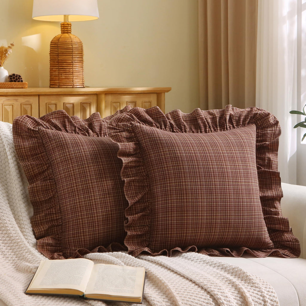 Gingham Throw Pillow Covers 18x18, Warm Taupe/White, Ruffle Trim