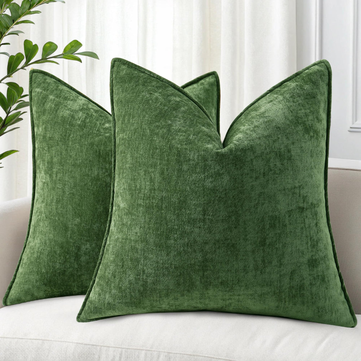 decorUhome Chenille Beige Velvet Throw Pillow Covers 18x18 Set of 2