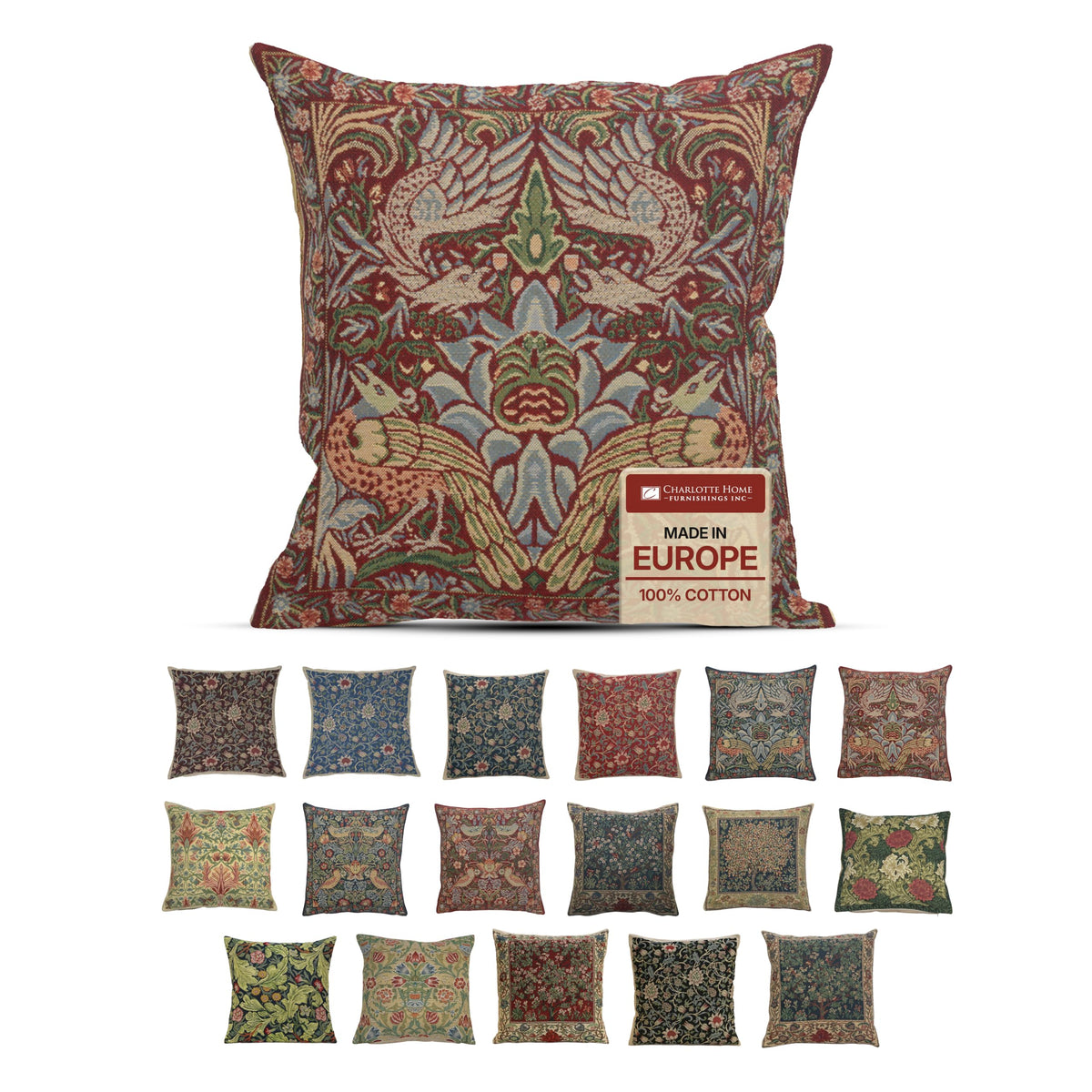 William Morris Fleurs de Morris Red Tapestry Throw Pillow Cover 16 x 16 in