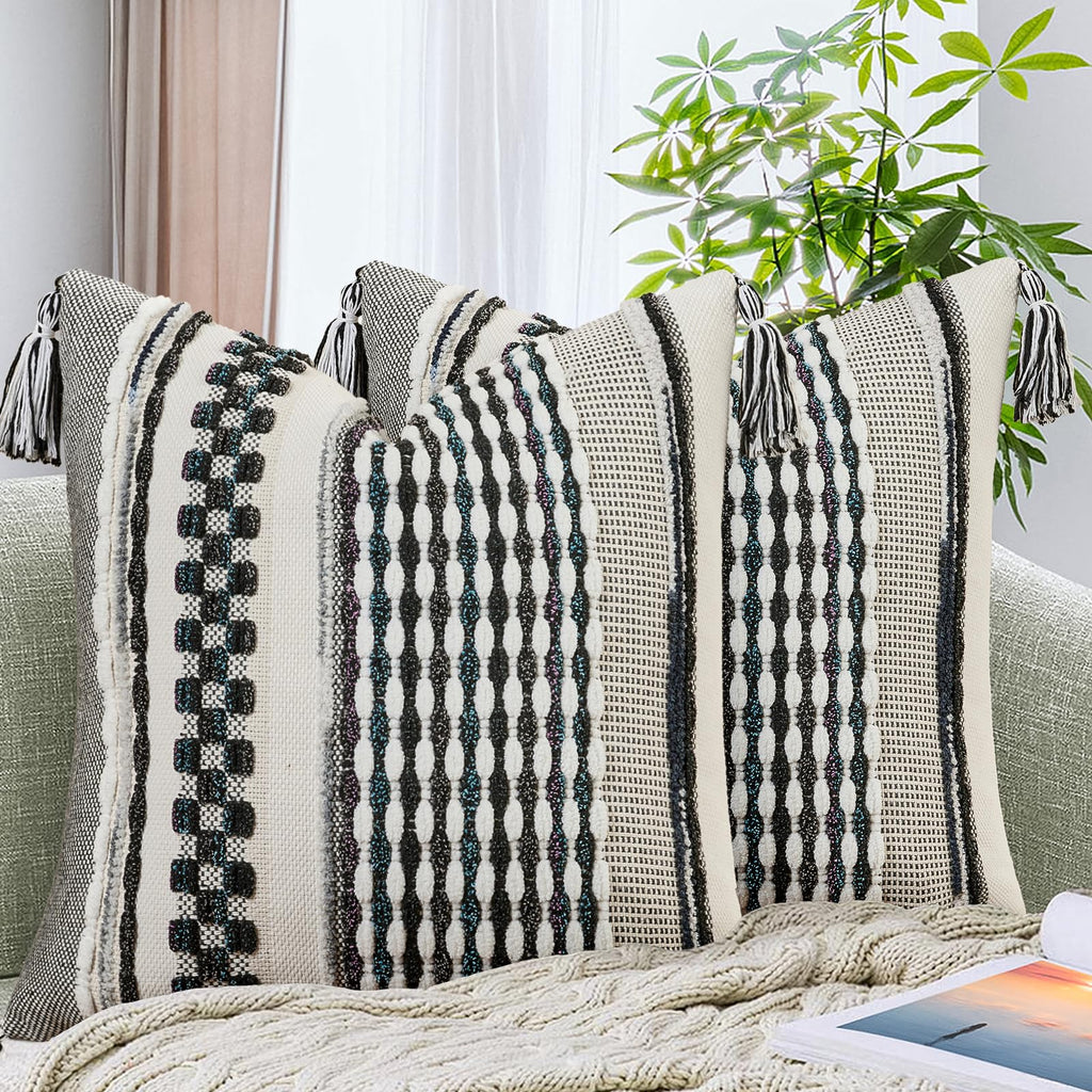 AmHoo Set of 2 Chenille Striped Textured Boho Throw Pillow Covers Aesthetic with Tassels Woven Decorative Pillow Case for Couch Bed Sofa Bedroom Modern Funky 18 x 18-Inch Brown