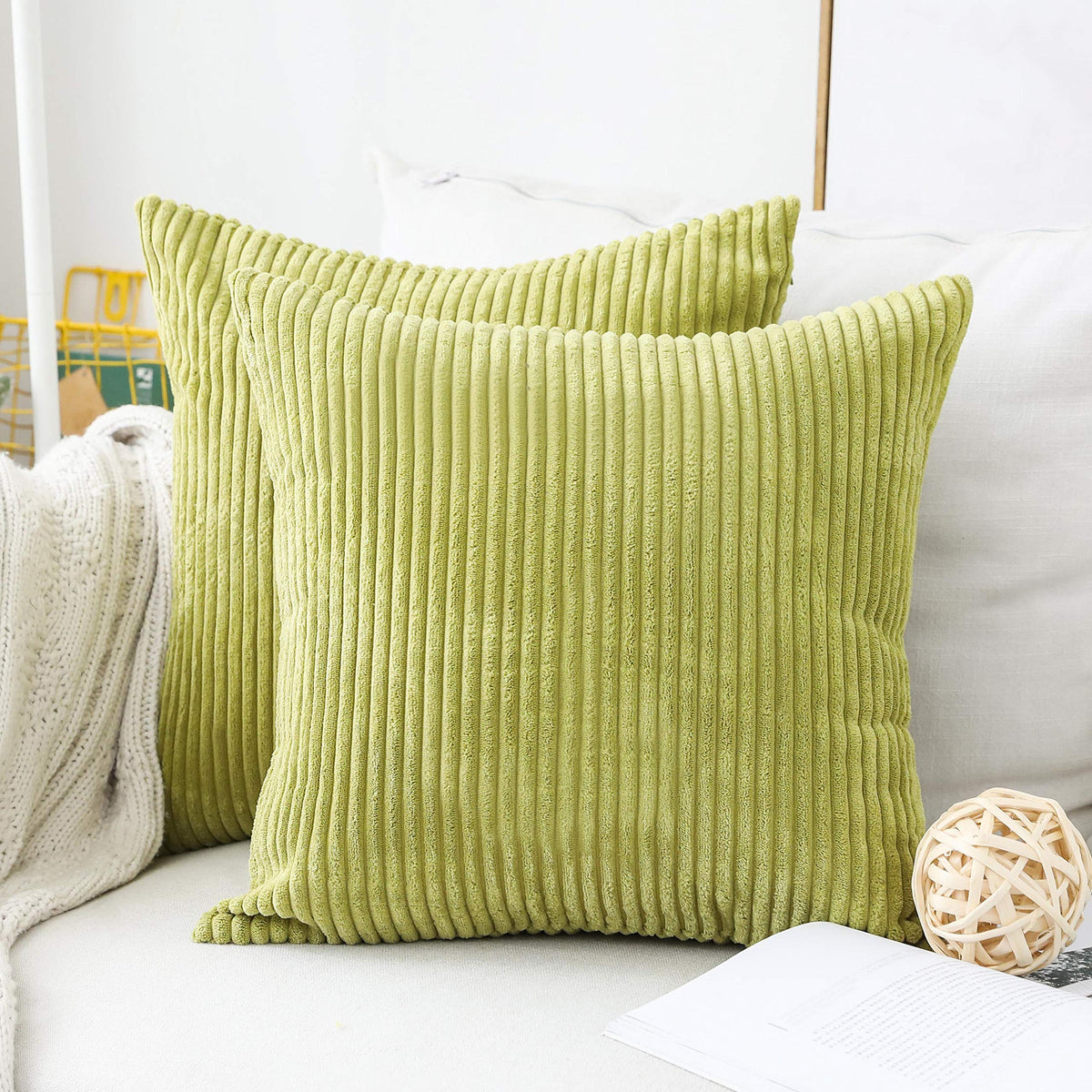 Home Brilliant Yellow Pillow Covers Summer Decorative Set of 2 Striped Corduroy Plush Velvet Throw Pillow Covers for Couch Decor, 18x18 inch, Light Yellow