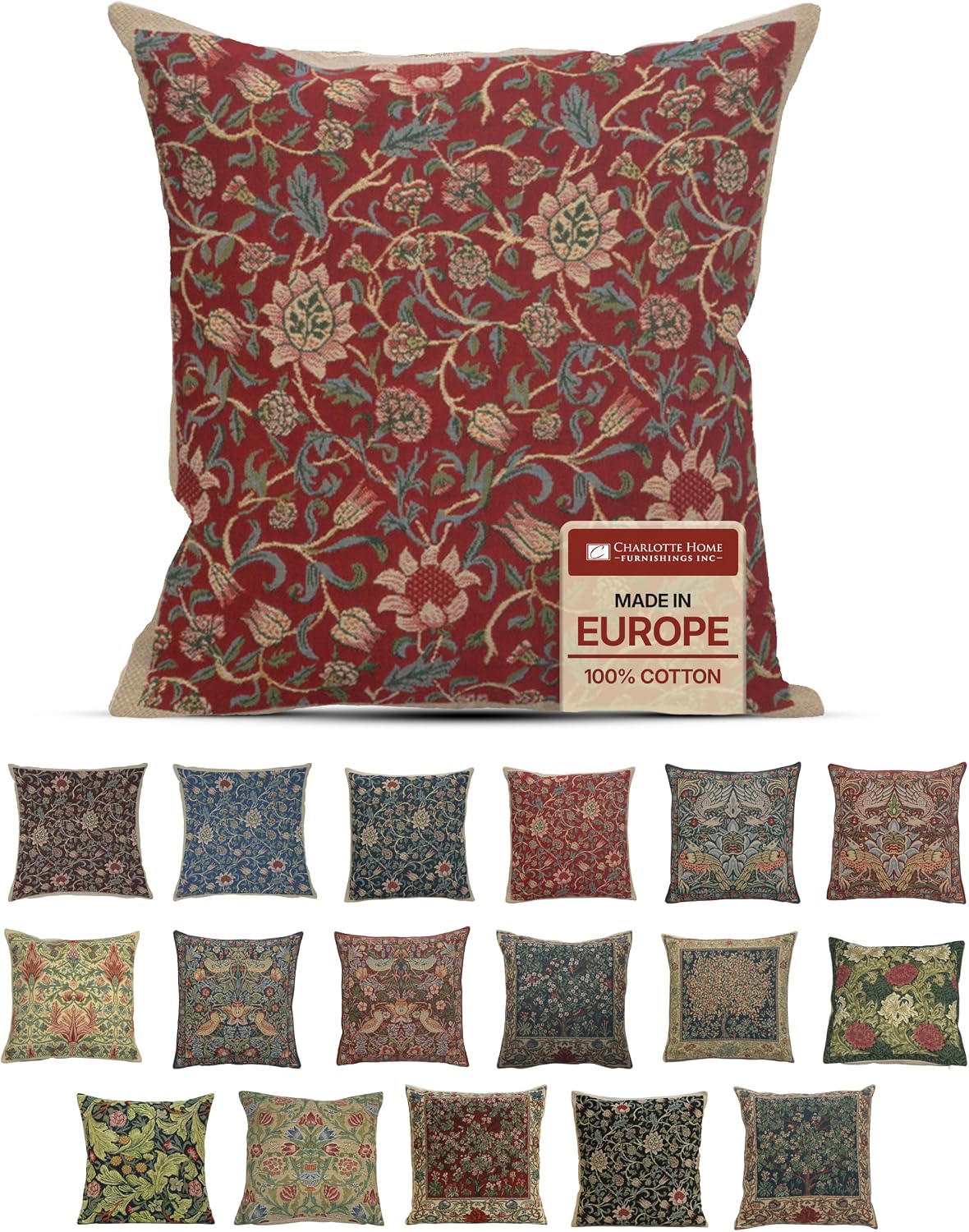 William Morris Fleurs de Morris Red Tapestry Throw Pillow Cover 16 x 16 in
