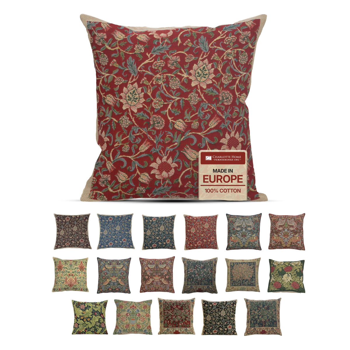 William Morris Fleurs de Morris Red Tapestry Throw Pillow Cover 16 x 16 in