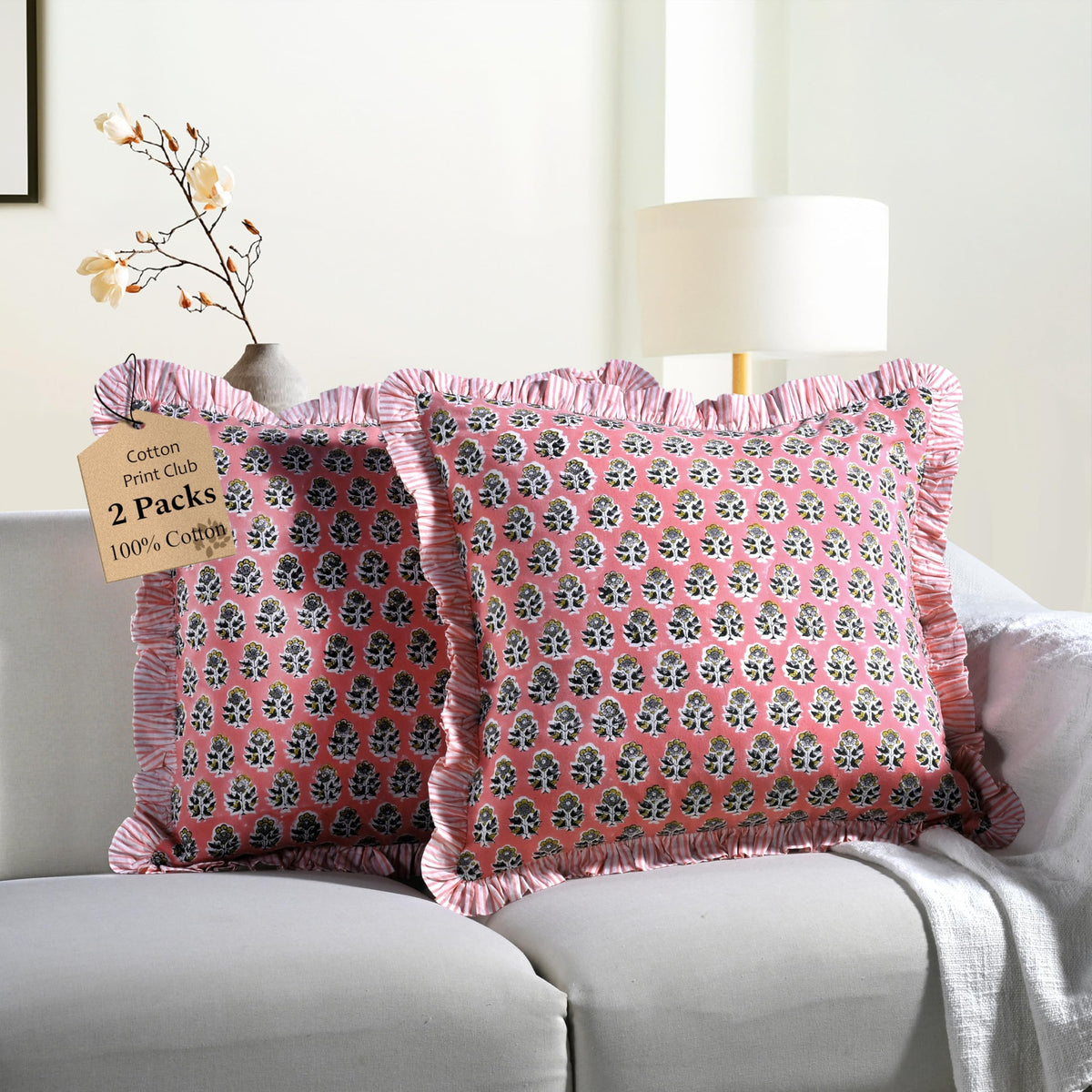 CPC Block Print Ruffle Throw Pillow Cover Emerald Green 20"x20", Pack of 2