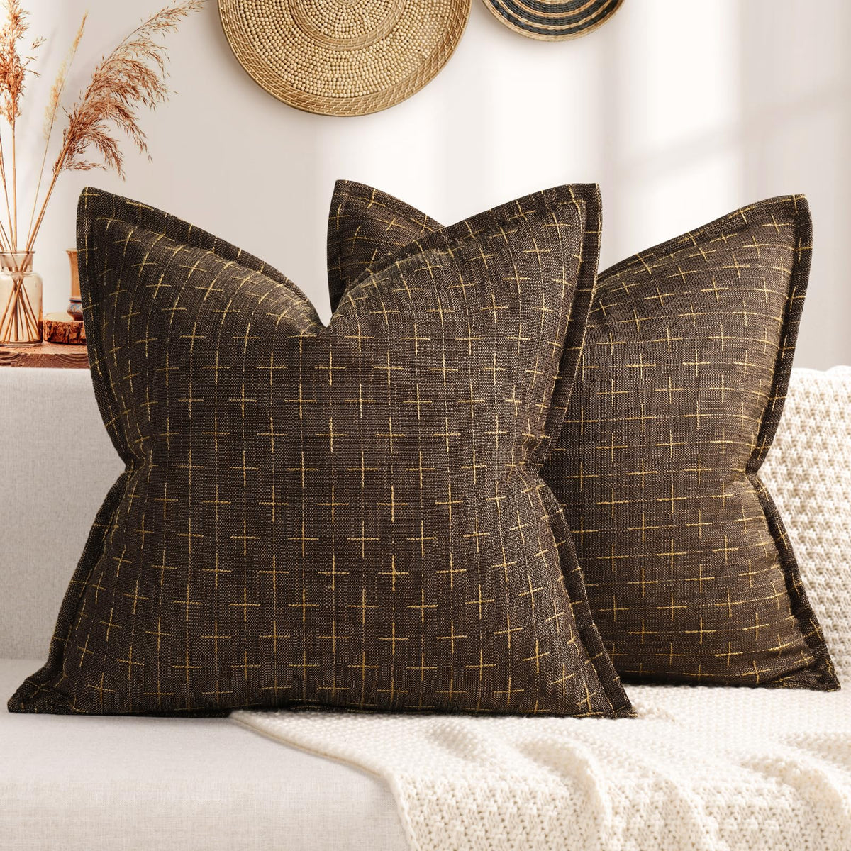 ZWJD Fall Pillow Covers 20x20 Set of 2 Soft Polyester Textured Rust Pillow Covers with Stylish Flange Edge Cozy Farmhouse Throw Pillows for Couch Bed Sofa Living Room Fall Decor