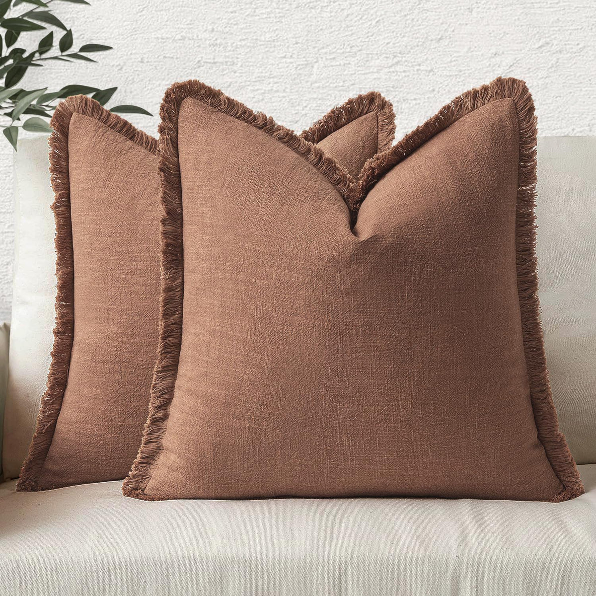 MIULEE Linen Fringe Decorative Throw Pillow Covers Natural Beige 20x20