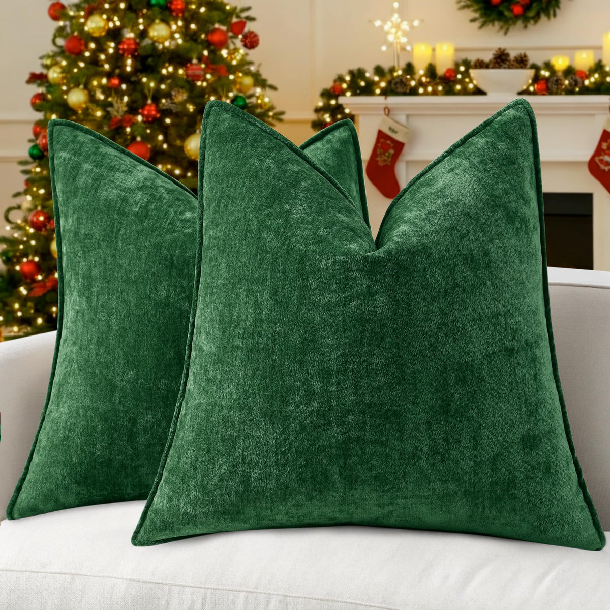 decorUhome Chenille Beige Velvet Throw Pillow Covers 18x18 Set of 2