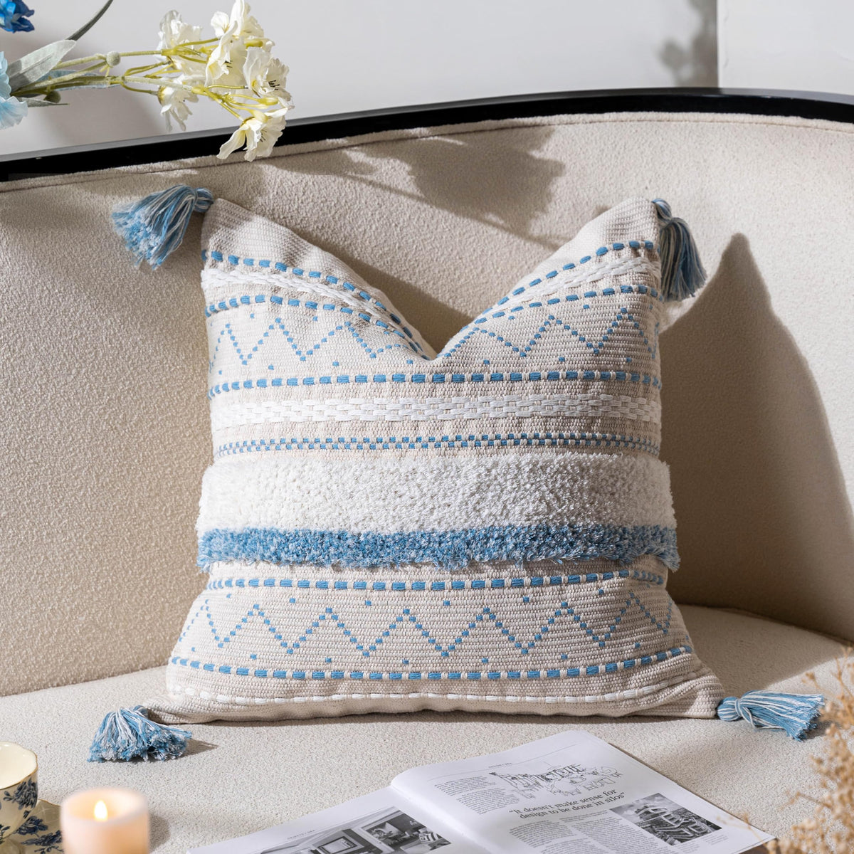 BlissBlush 14x36 Lumbar Pillow Cover for Bed, Rectangular Long Decorative Throw Pillowcase, Boho Accent Cushion with Tufted Pattern and Tassels, Cream Beige Neutral (Cover Only)