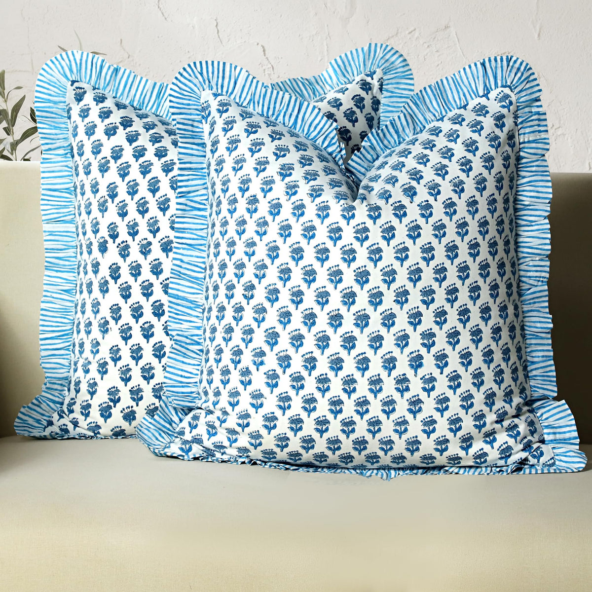 CPC Block Print Ruffle Throw Pillow Cover Emerald Green 20"x20", Pack of 2