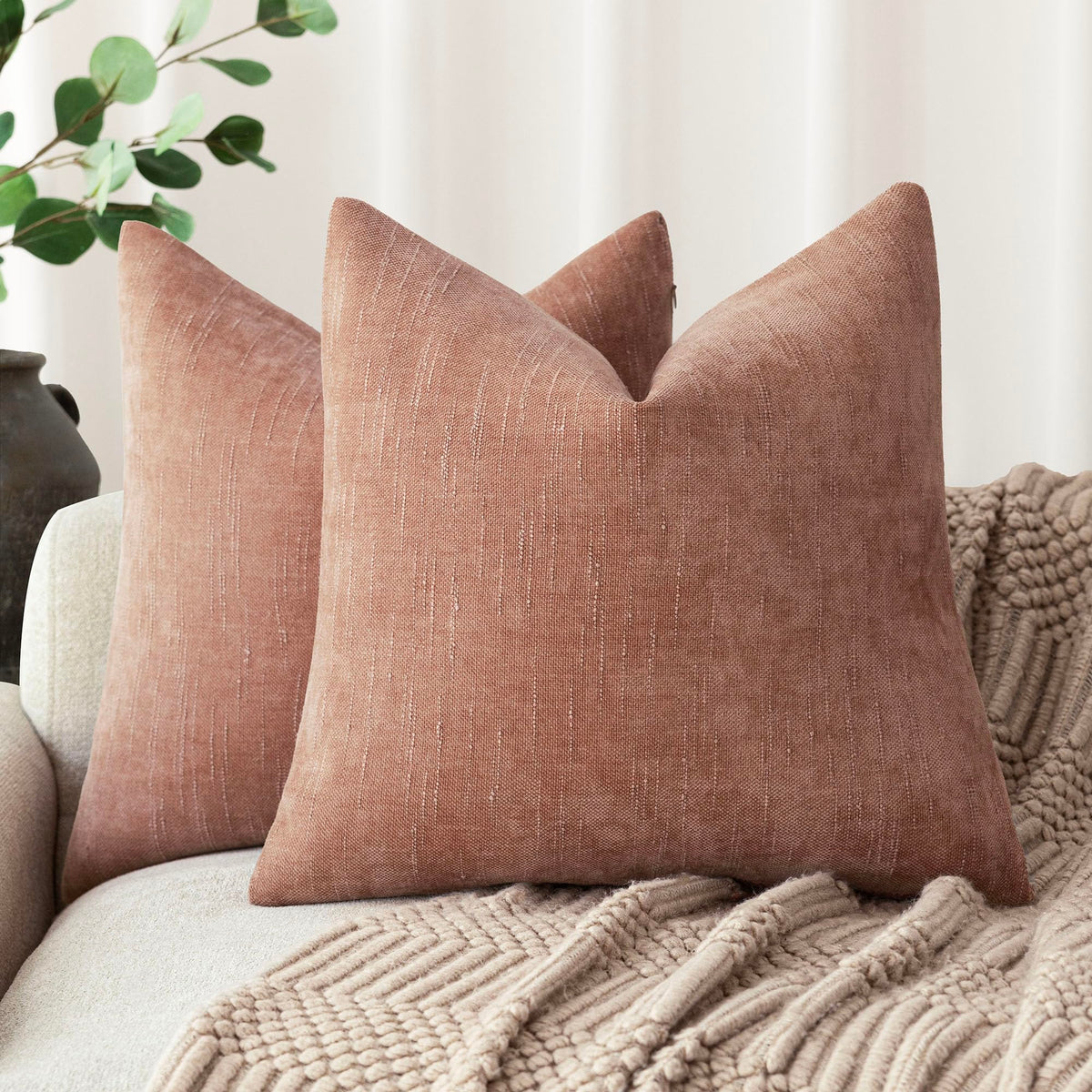 Foindtower Solid Textured Chenille Throw Pillow Covers 20x20 Inch,Taupe