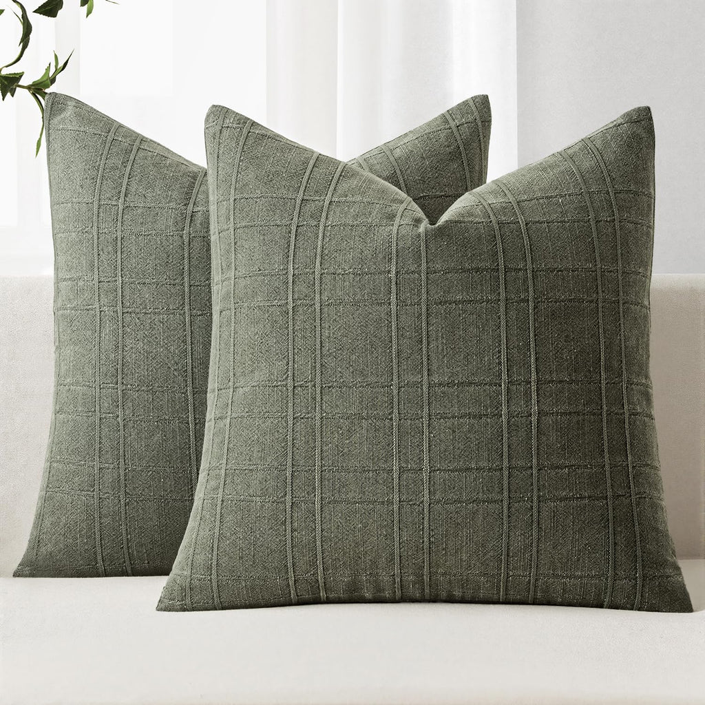 MIULEE Linen Plaid Pillow Covers Decorative 20x20 Natural Beige