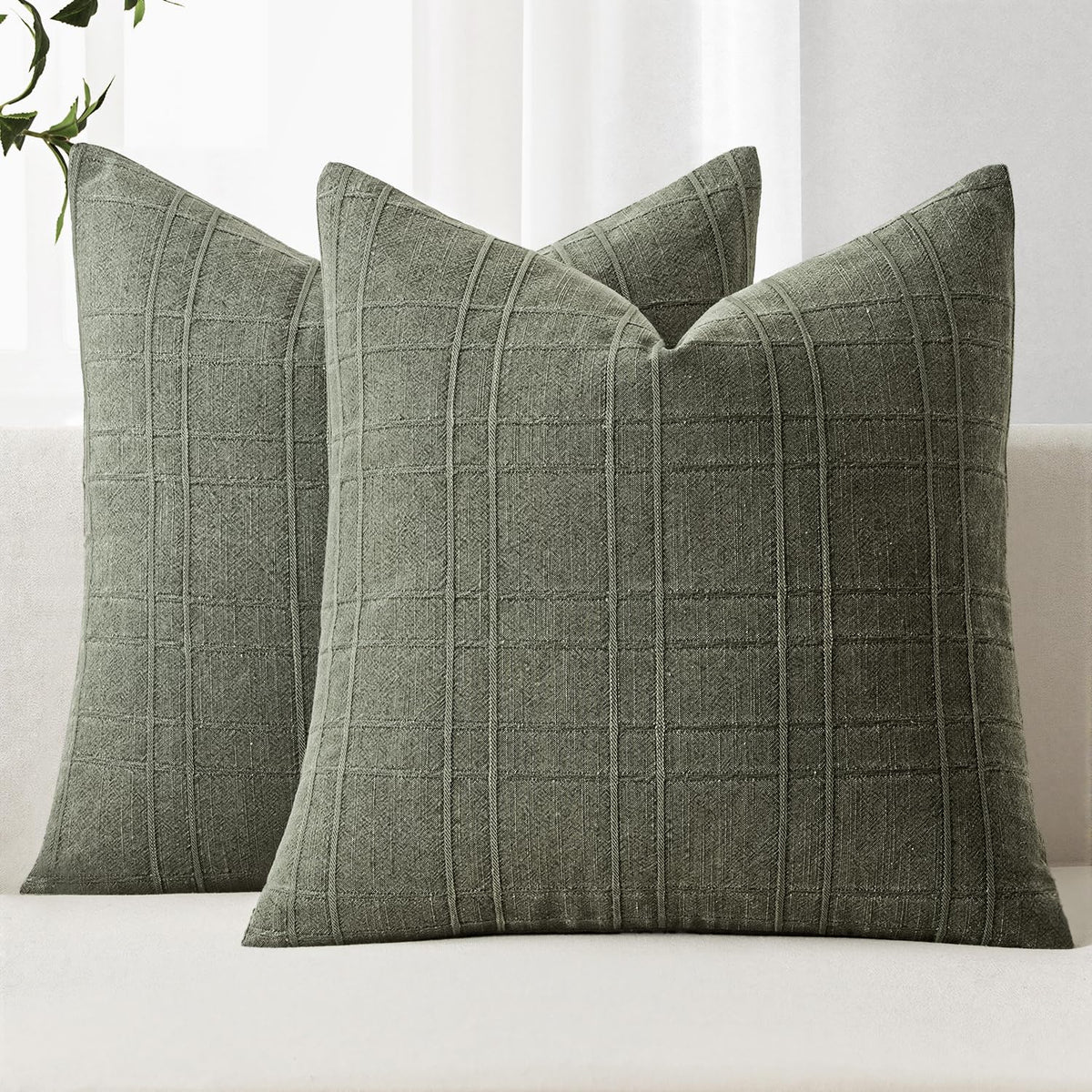 MIULEE Linen Plaid Pillow Covers Decorative 20x20 Natural Beige