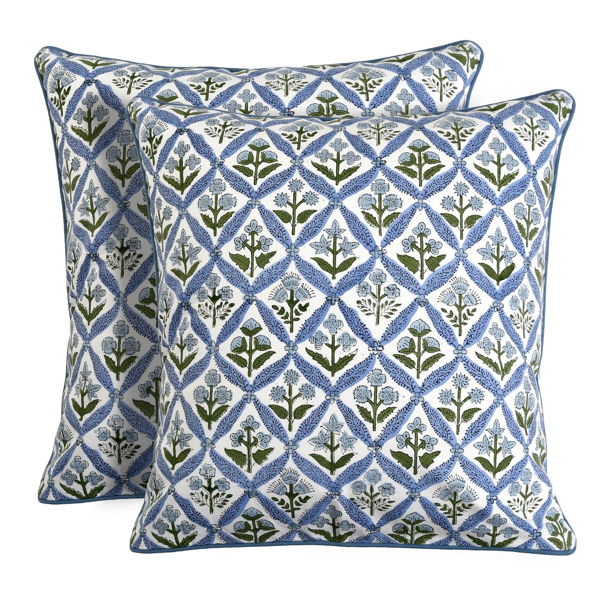 Ridhi Block Print Columbia Blue Pillow Cover 18" x 18" (Pack of 2) Decorative Couch Pillows for Living Room, Chic Boho Cute Outdoor Pillows Covers Gifts for Spring, Easter and Valentine