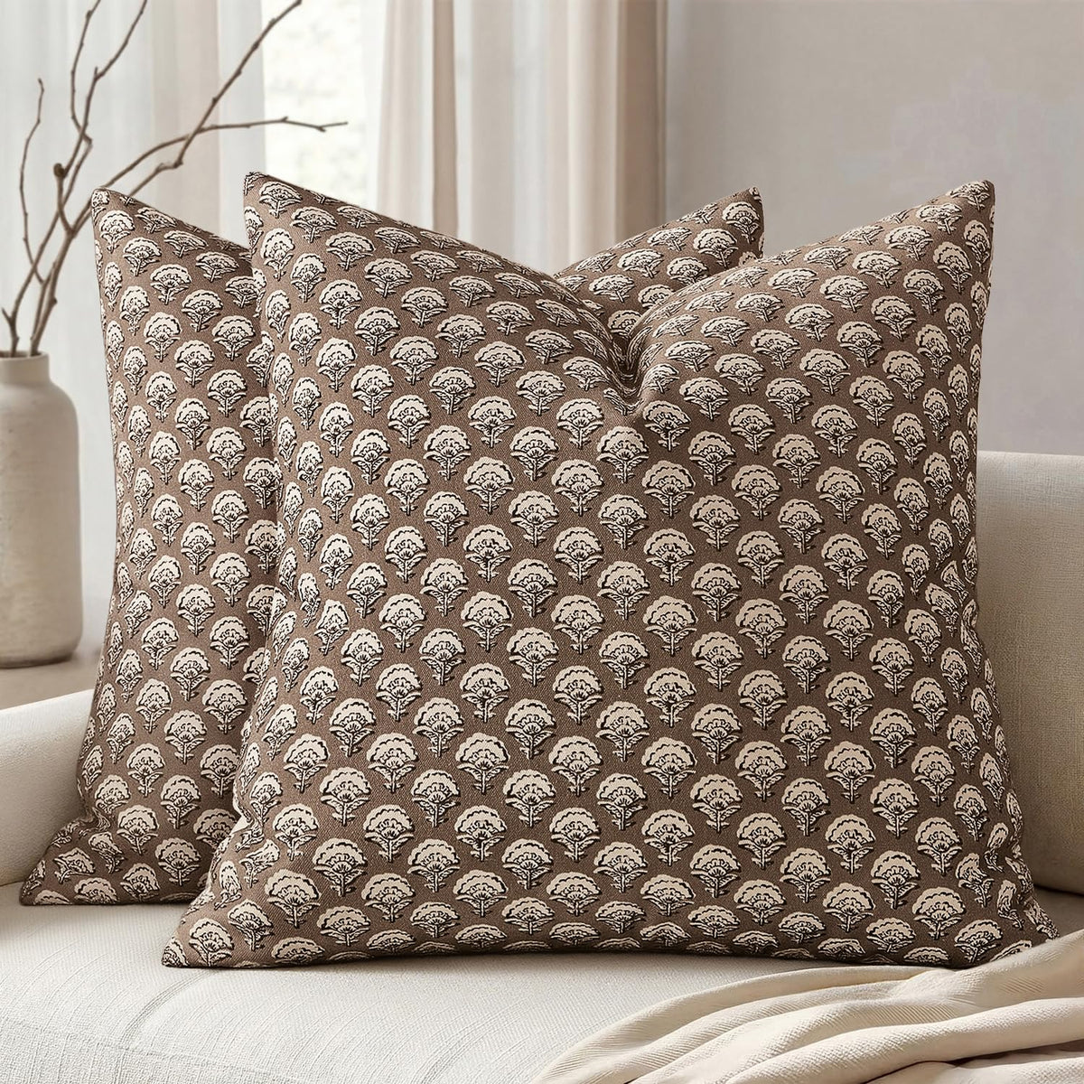 MIULEE Floral Print Decorative Pillow Covers 18x18, Light Taupe