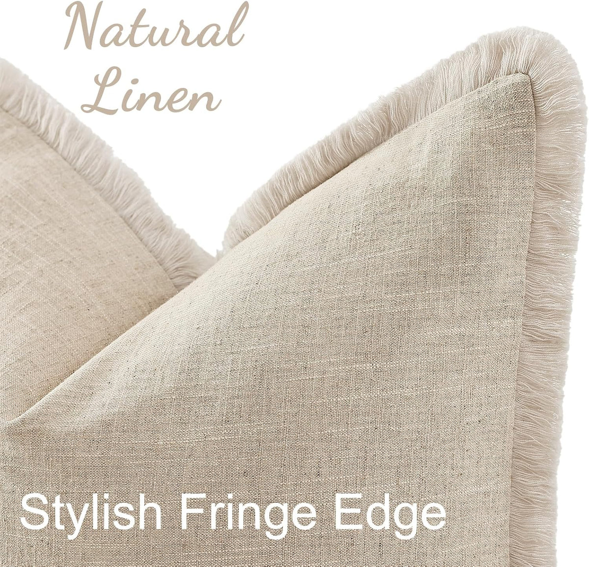 decorUhome Linen Fringe Natural Beige Throw Pillow Covers 18x18 Set of 2