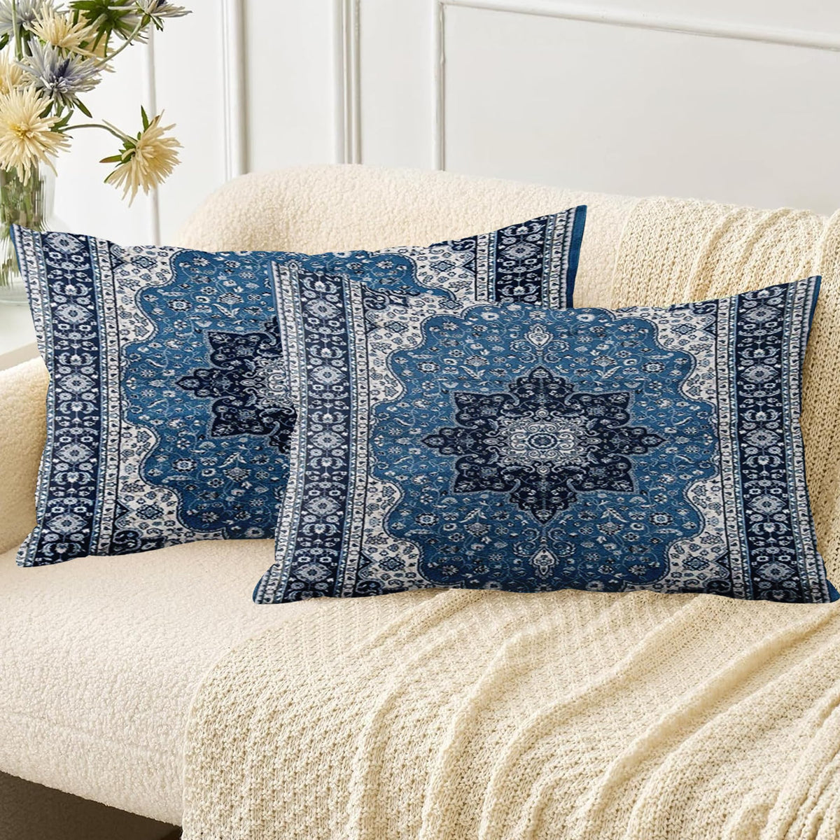 Boho Throw Pillow Covers 18x18 inch Set of 2,Soft Pillowcases Bohemia Carpet Printing Pattern Decorative Sofa Living Room Bed Square Pillow Case Cushion Cover-Cream Color