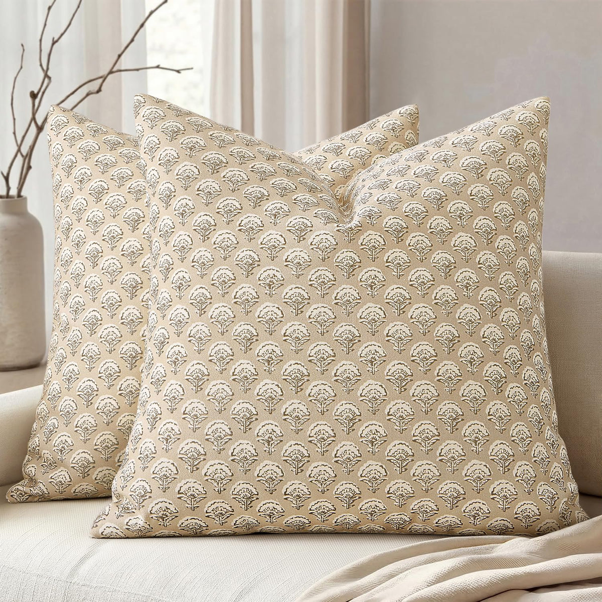 MIULEE Floral Print Decorative Pillow Covers 18x18, Light Taupe