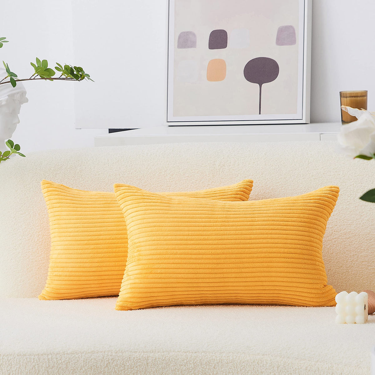 Home Brilliant Yellow Pillow Covers Summer Decorative Set of 2 Striped Corduroy Plush Velvet Throw Pillow Covers for Couch Decor, 18x18 inch, Light Yellow