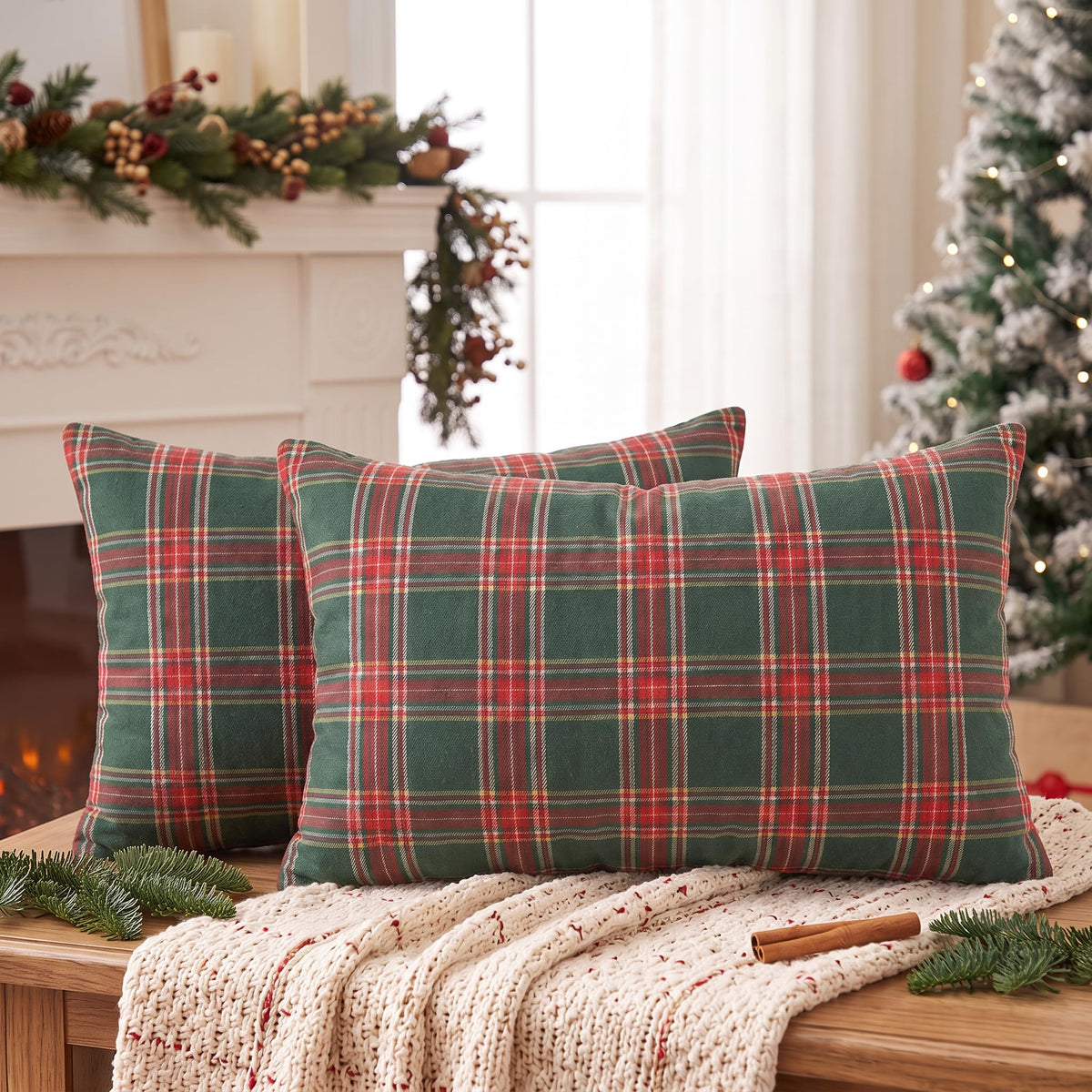 AVOIN colorlife Fall Caramel Brown Plaid Decorative Throw Pillow Covers, 18 x 18 Inch Holiday Scottish Tartan Cushion Case Farmhouse Decoration for Sofa Couch Set of 2
