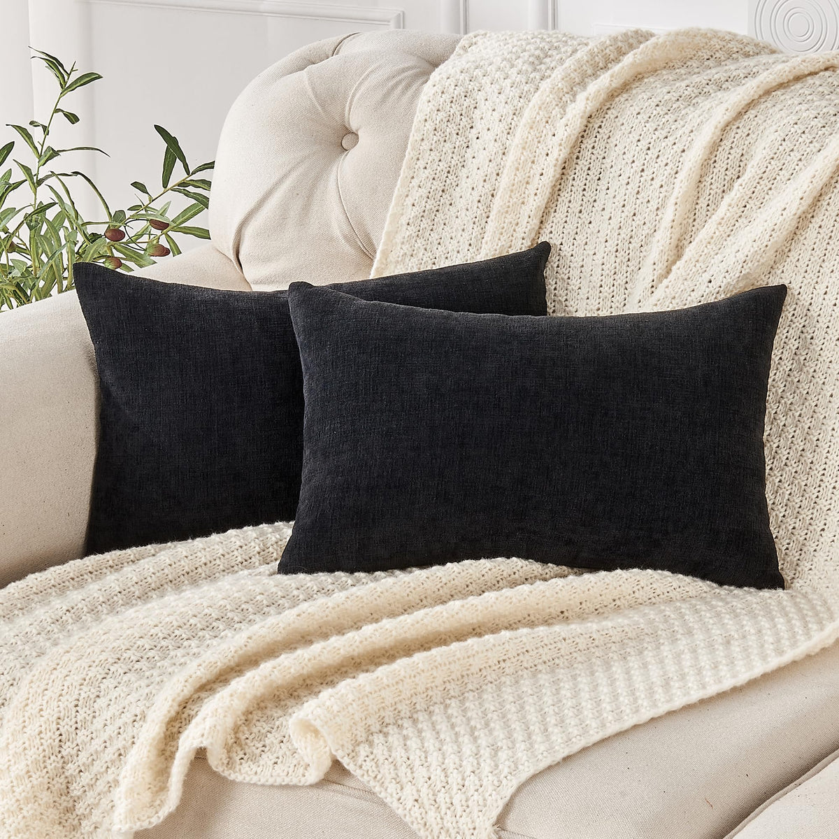 GAWAMAY Lumbar Support Pillow Decorative Rectangle Throw Pillow Covers 12"x20" Inch Set of 2, Soft Chenille Pillowcase for Living Room Bedroom Sofa Couch Cushion Cover Navy Blue 30x50cm (ONLY Covers)