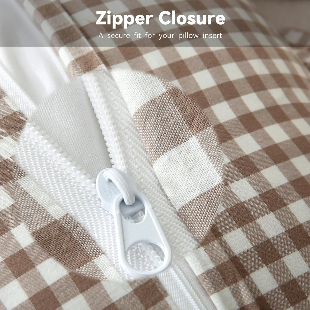 Gingham Throw Pillow Covers 18x18, Warm Taupe/White, Ruffle Trim