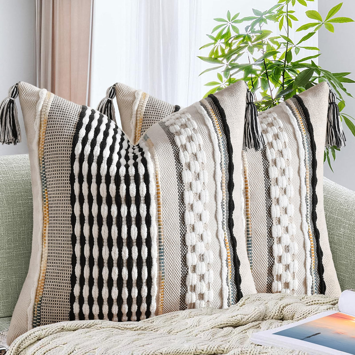 AmHoo Set of 2 Chenille Striped Textured Boho Throw Pillow Covers Aesthetic with Tassels Woven Decorative Pillow Case for Couch Bed Sofa Bedroom Modern Funky 18 x 18-Inch Brown