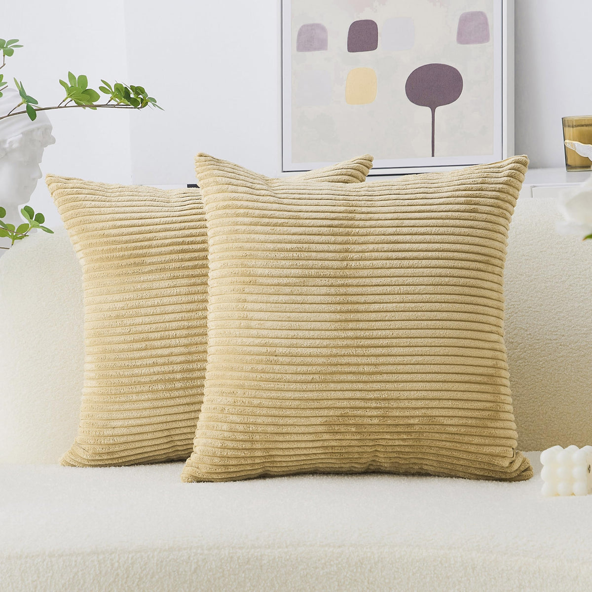 Home Brilliant Yellow Pillow Covers Summer Decorative Set of 2 Striped Corduroy Plush Velvet Throw Pillow Covers for Couch Decor, 18x18 inch, Light Yellow