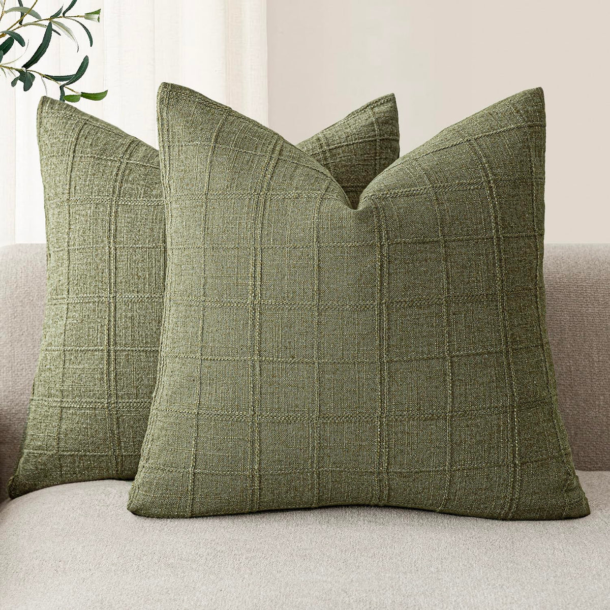Foindtower Boho Linen Check Decorative Throw Pillow Cover 20×20 Olive Green
