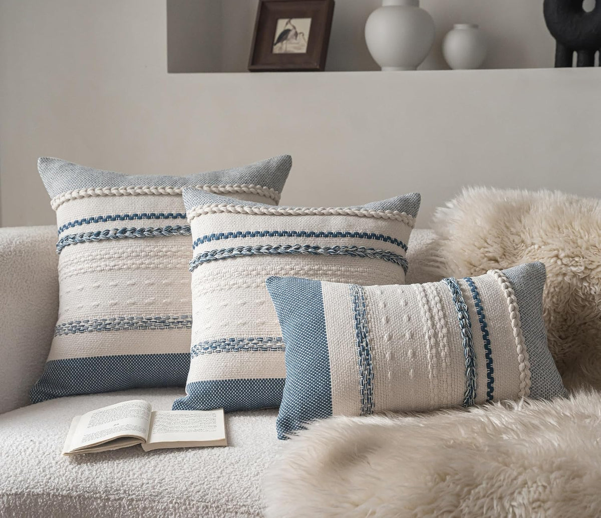 Cethom Boho Throw Pillow Covers 20x20 Inch Set of 2, Blue Textured Decorative Couch Pillow Cases for Farmhouse Home Decor, Accent Cushion Cover for Sofa, Bed, Living Room, Bedroom