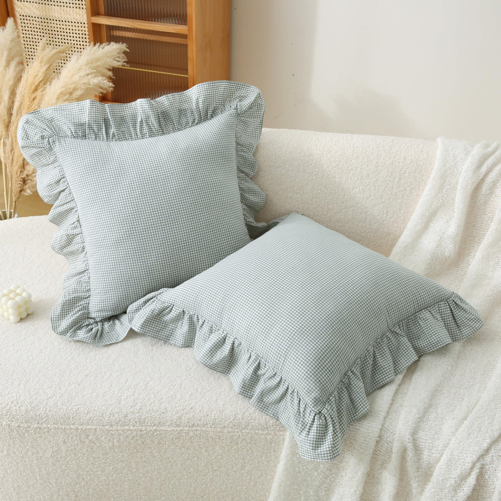 Gingham Throw Pillow Covers 18x18, Warm Taupe/White, Ruffle Trim