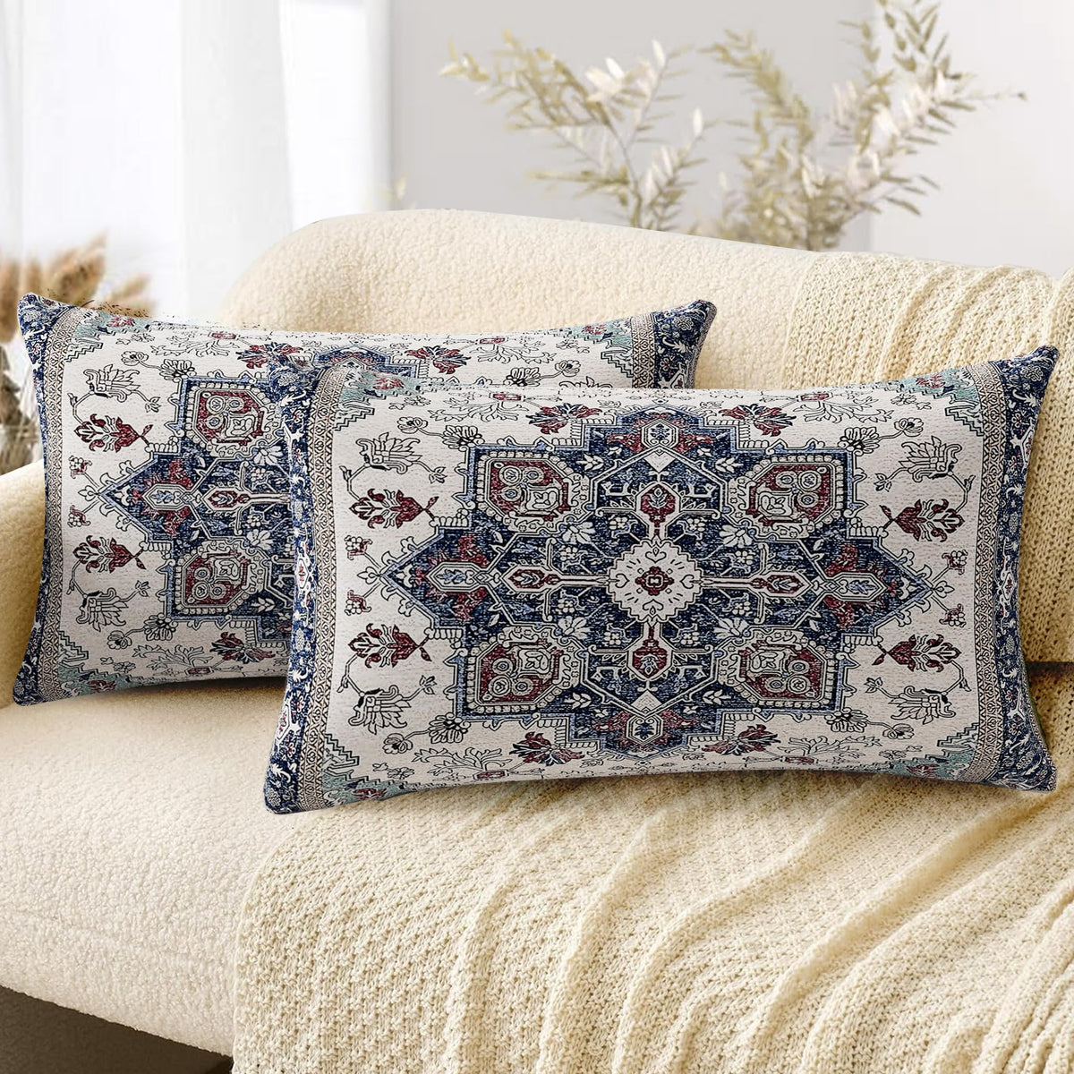 Boho Throw Pillow Covers 18x18 inch Set of 2,Soft Pillowcases Bohemia Carpet Printing Pattern Decorative Sofa Living Room Bed Square Pillow Case Cushion Cover-Cream Color