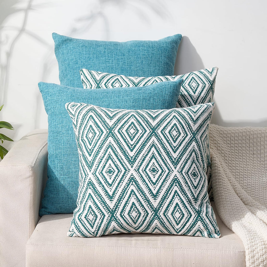 HPUK Throw Pillow Covers 18x18 Set of 4, Blue Patterned & Solid Covers