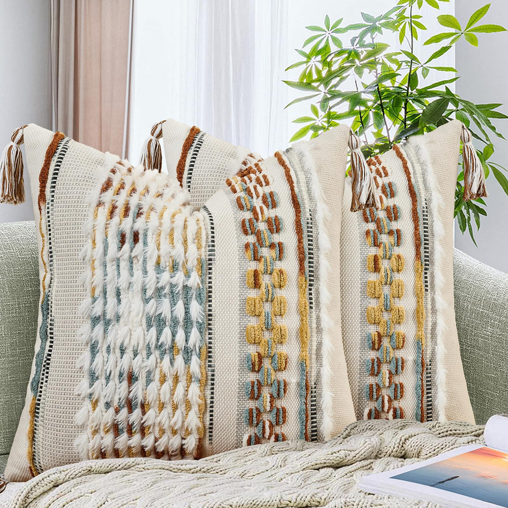 AmHoo Set of 2 Chenille Striped Textured Boho Throw Pillow Covers Aesthetic with Tassels Woven Decorative Pillow Case for Couch Bed Sofa Bedroom Modern Funky 18 x 18-Inch Brown