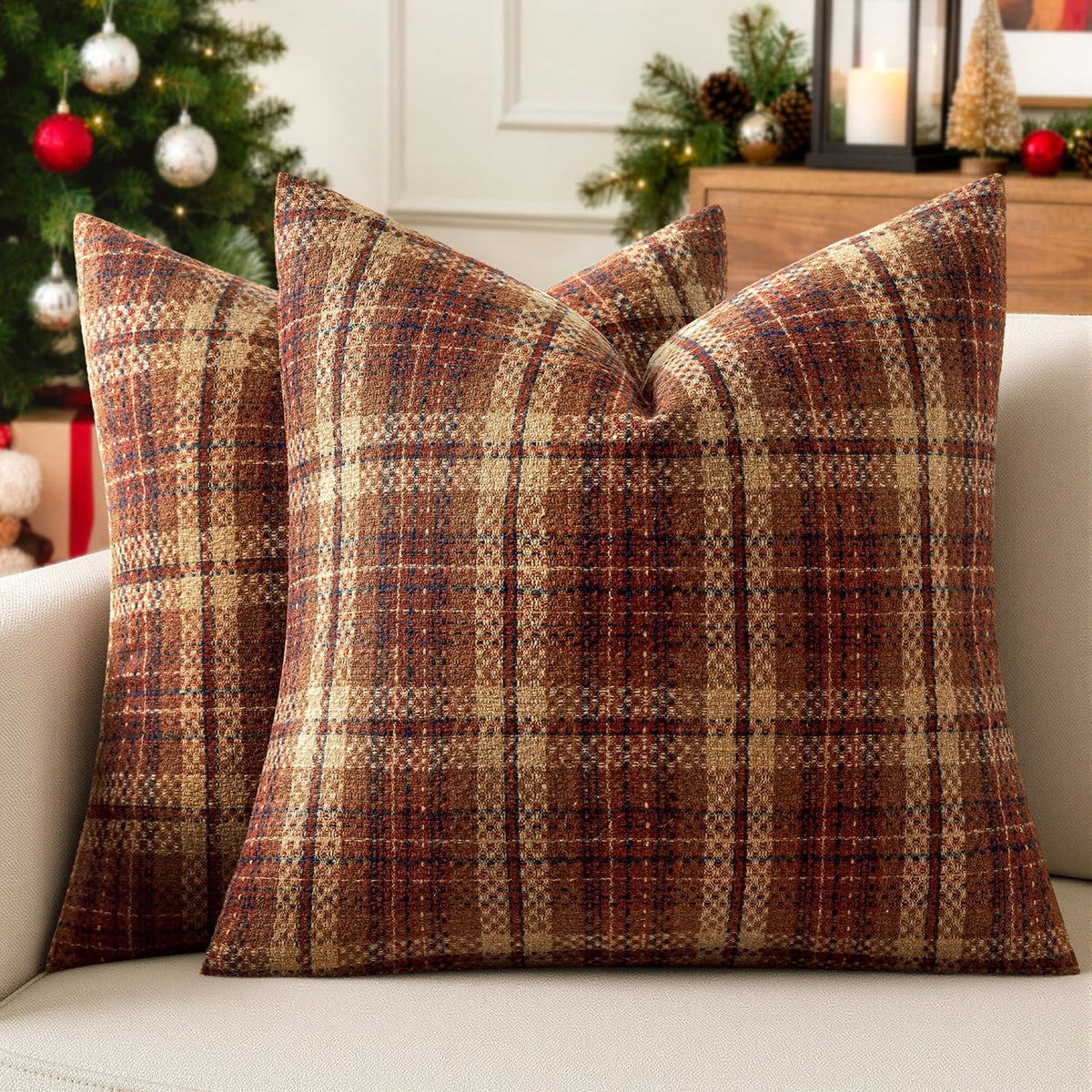MIULEE Tartan Plaid Throw Pillow Covers Fall 18x18 Inch Coffee Brown