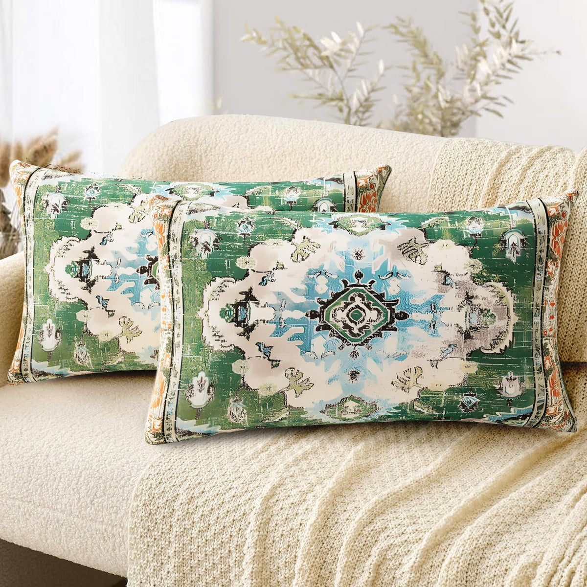 Boho Throw Pillow Covers 18x18 inch Set of 2,Soft Pillowcases Bohemia Carpet Printing Pattern Decorative Sofa Living Room Bed Square Pillow Case Cushion Cover-Cream Color