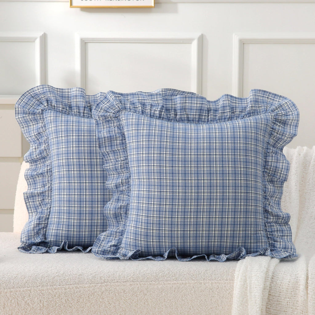 Gingham Throw Pillow Covers 18x18, Warm Taupe/White, Ruffle Trim