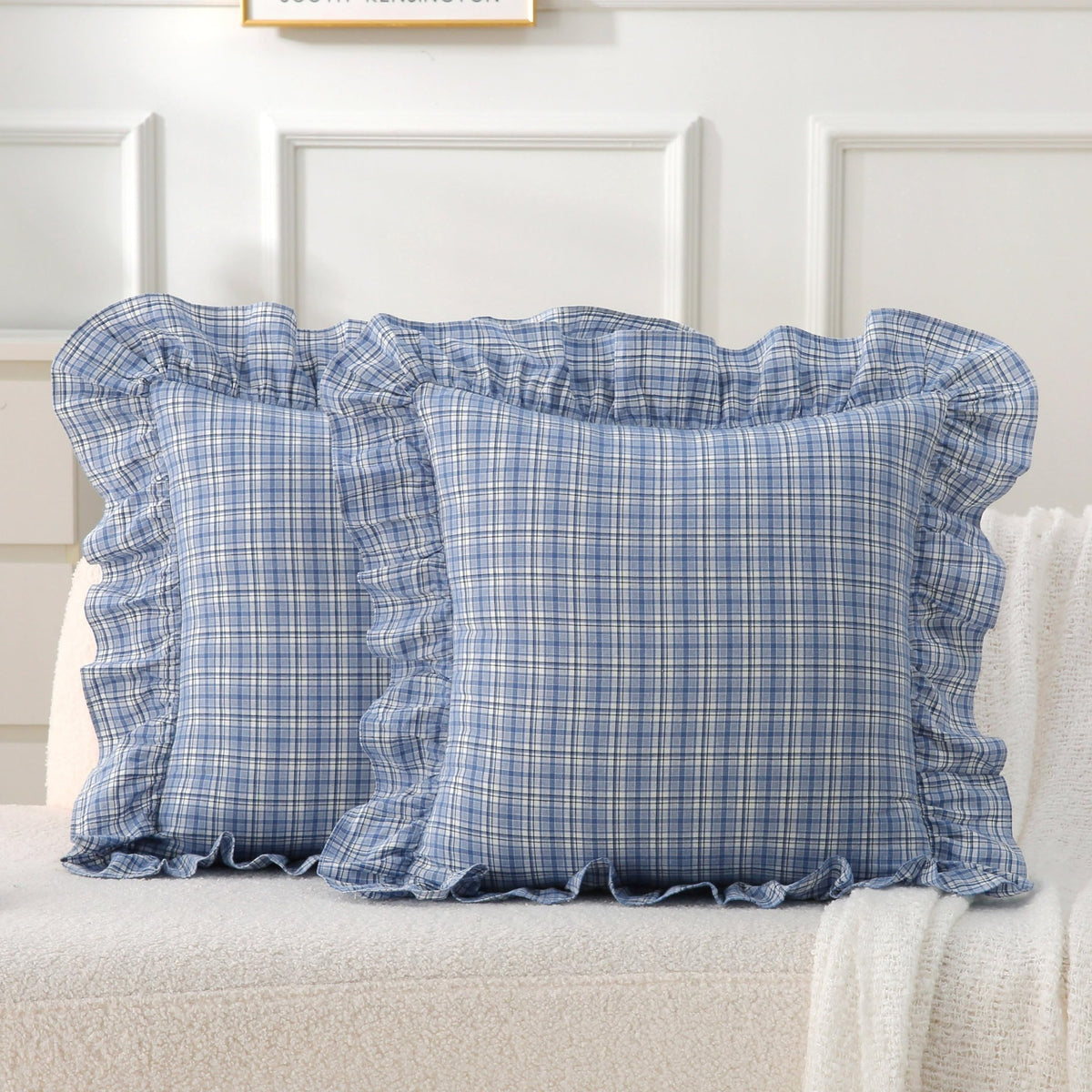 Gingham Throw Pillow Covers 18x18, Warm Taupe/White, Ruffle Trim