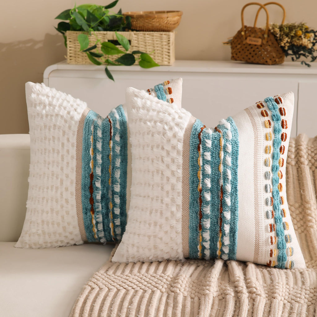 Boho Chenille Tufted Couch Throw Pillow Covers 18x18 Inch Set of 2 Farmhouse Striped Decorative Pillow Covers Accent Neutral Square Pillowcase Green Cushion Covers for Livingroom Sofa Bed
