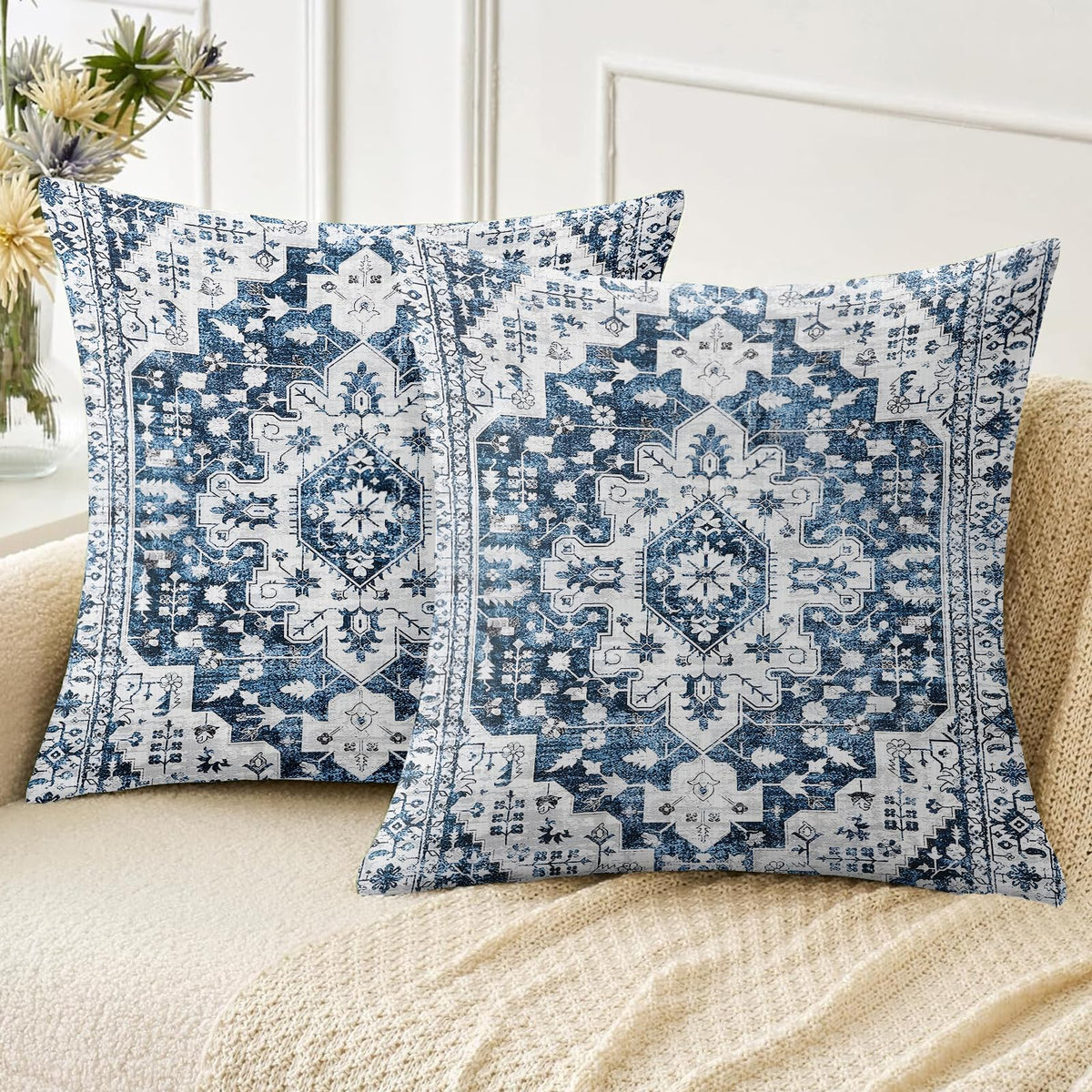 Boho Throw Pillow Covers 18x18 inch Set of 2,Soft Pillowcases Bohemia Carpet Printing Pattern Decorative Sofa Living Room Bed Square Pillow Case Cushion Cover-Cream Color