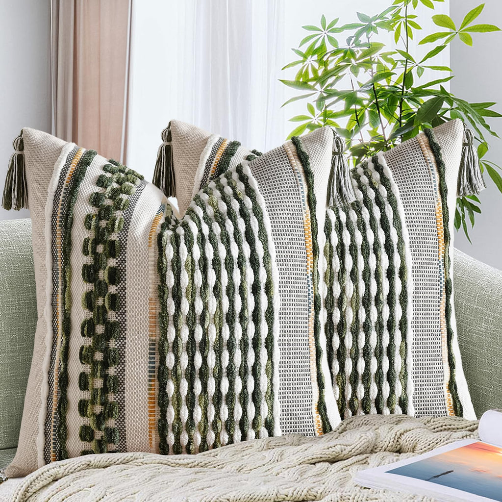 AmHoo Set of 2 Chenille Striped Textured Boho Throw Pillow Covers Aesthetic with Tassels Woven Decorative Pillow Case for Couch Bed Sofa Bedroom Modern Funky 18 x 18-Inch Brown