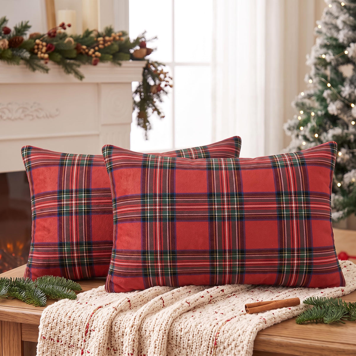 AVOIN colorlife Fall Caramel Brown Plaid Decorative Throw Pillow Covers, 18 x 18 Inch Holiday Scottish Tartan Cushion Case Farmhouse Decoration for Sofa Couch Set of 2