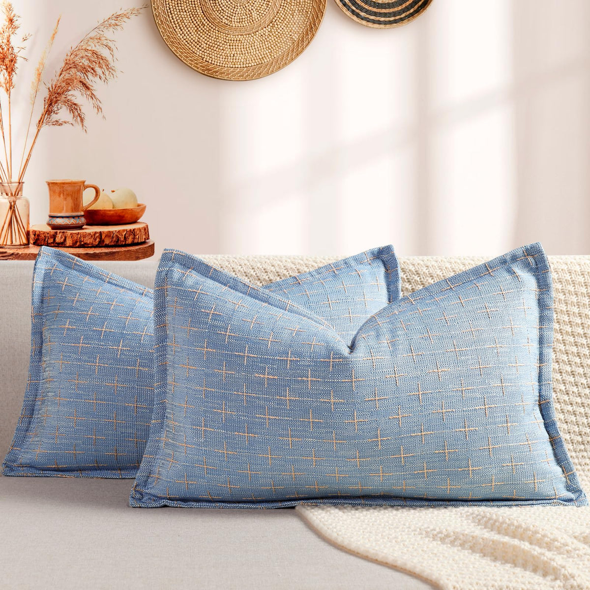 ZWJD Fall Pillow Covers 20x20 Set of 2 Soft Polyester Textured Rust Pillow Covers with Stylish Flange Edge Cozy Farmhouse Throw Pillows for Couch Bed Sofa Living Room Fall Decor