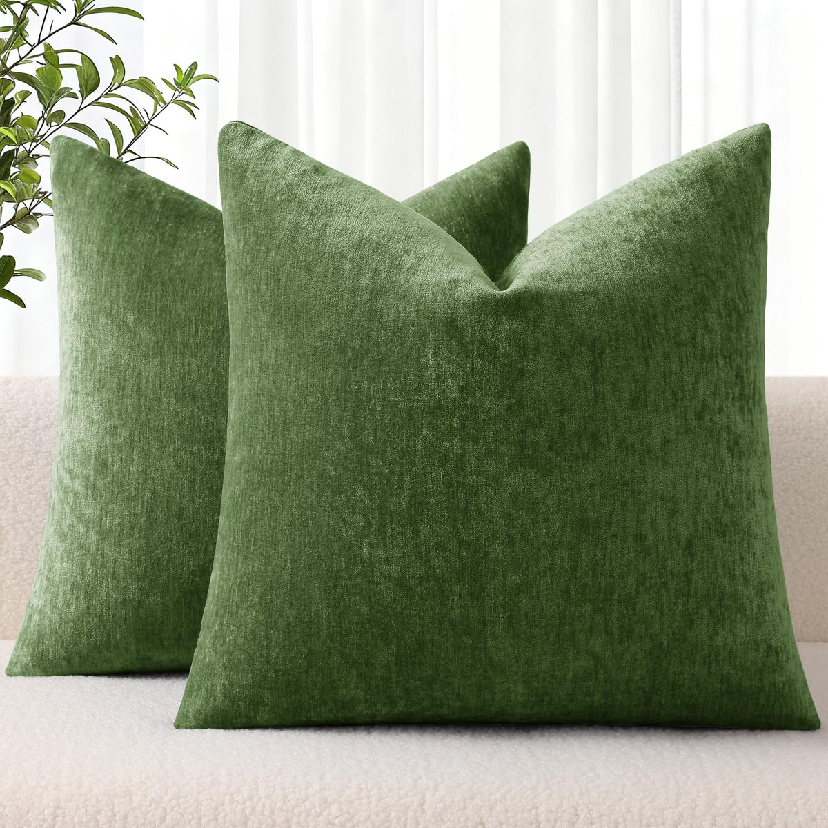 decorUhome Soft Chenille Moss Green Throw Pillow Covers 18X18 Set of 2