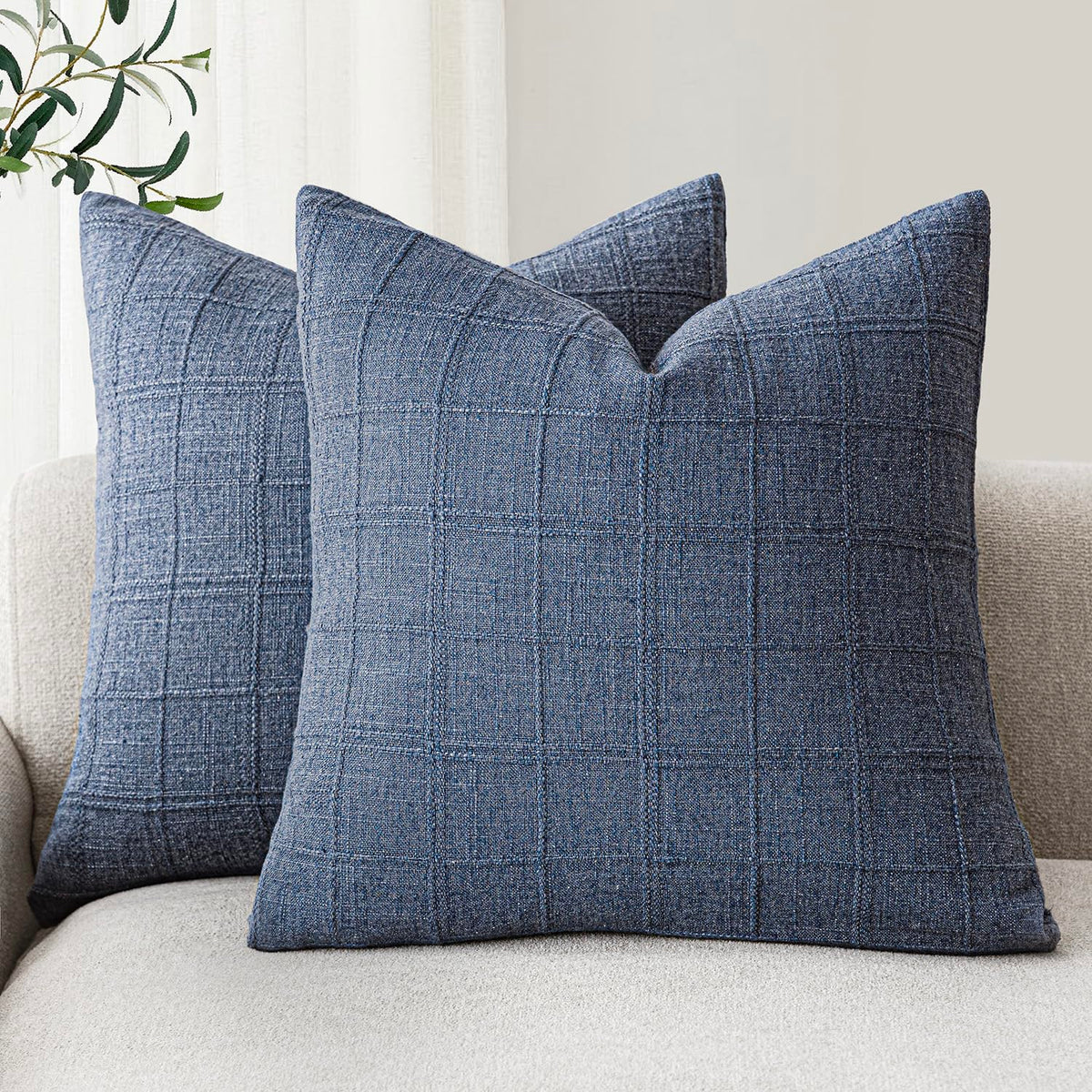 Foindtower Boho Linen Check Decorative Throw Pillow Cover 20×20 Olive Green