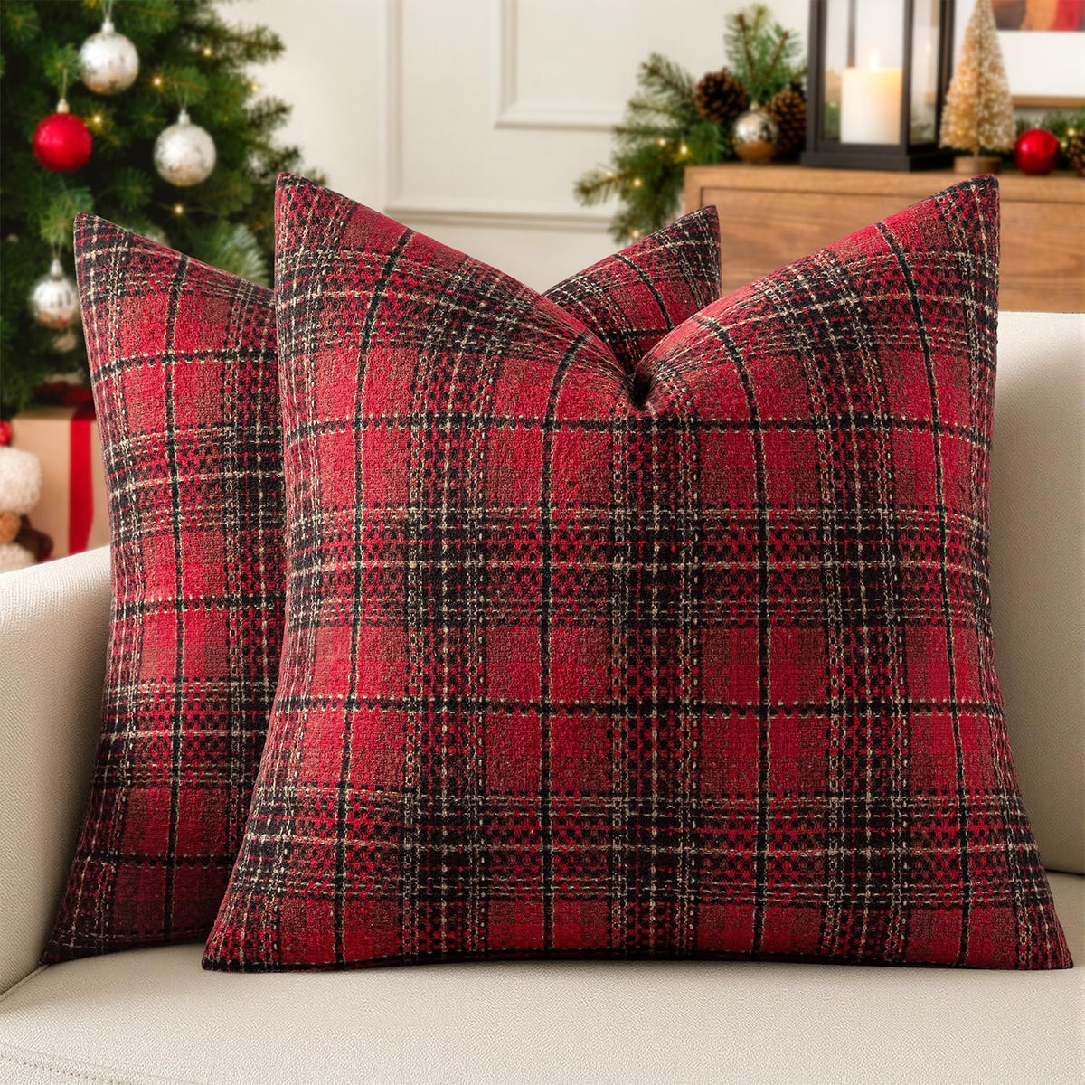 MIULEE Tartan Plaid Throw Pillow Covers Fall 18x18 Inch Coffee Brown