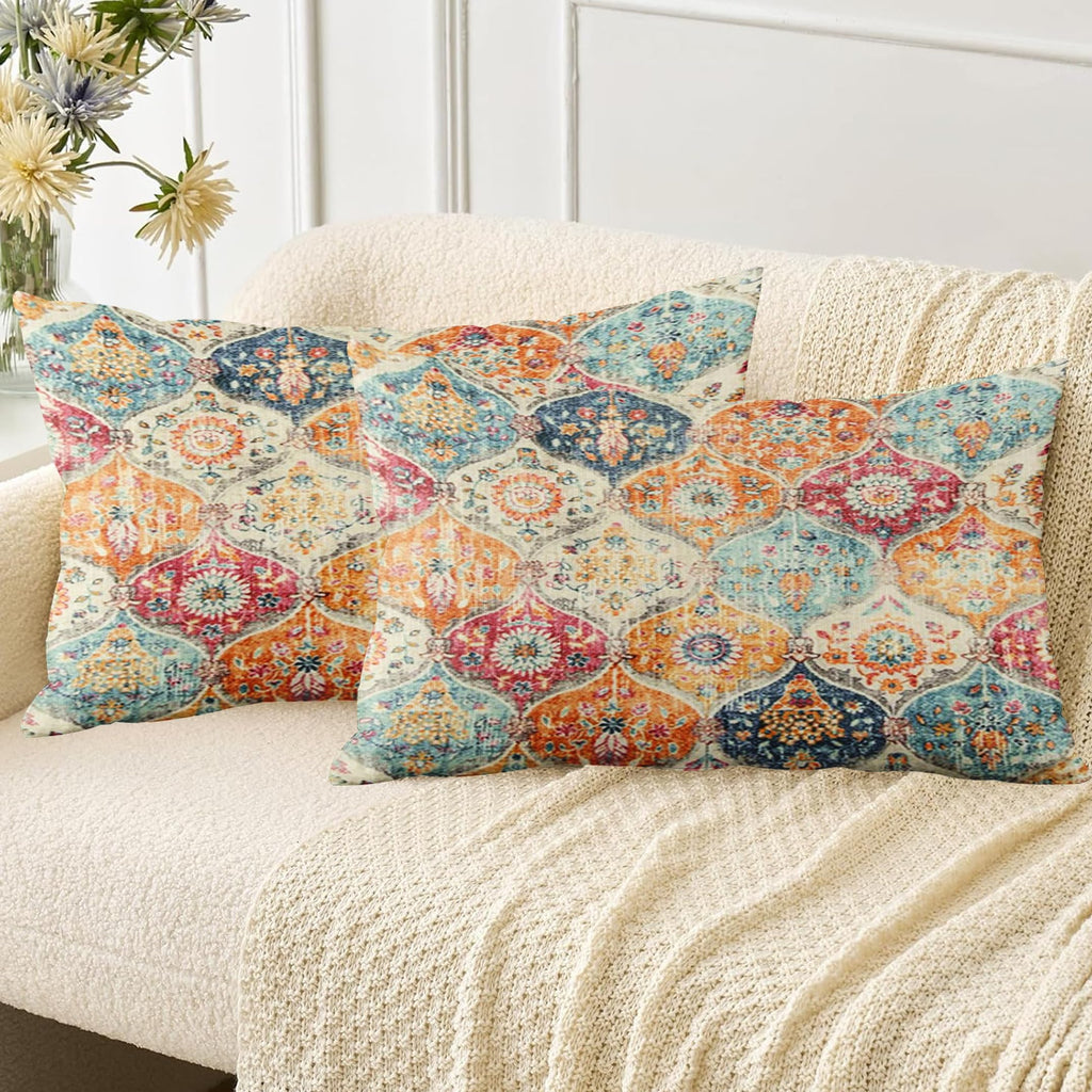 Boho Throw Pillow Covers 18x18 inch Set of 2,Soft Pillowcases Bohemia Carpet Printing Pattern Decorative Sofa Living Room Bed Square Pillow Case Cushion Cover-Cream Color