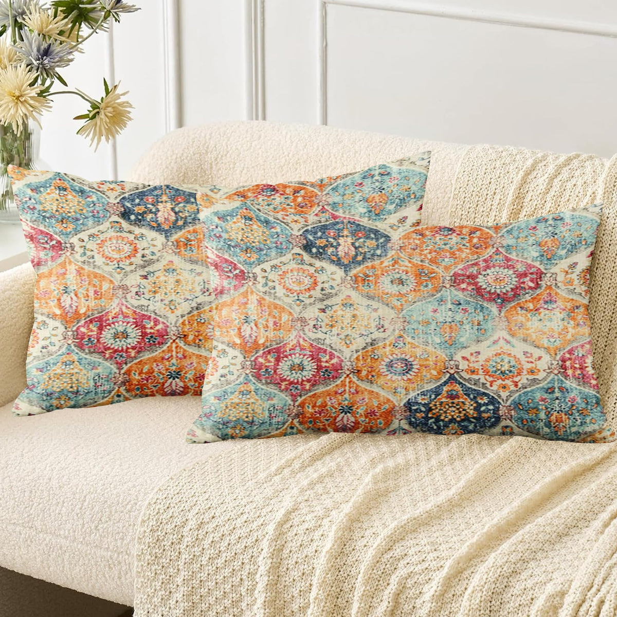 Boho Throw Pillow Covers 18x18 inch Set of 2,Soft Pillowcases Bohemia Carpet Printing Pattern Decorative Sofa Living Room Bed Square Pillow Case Cushion Cover-Cream Color