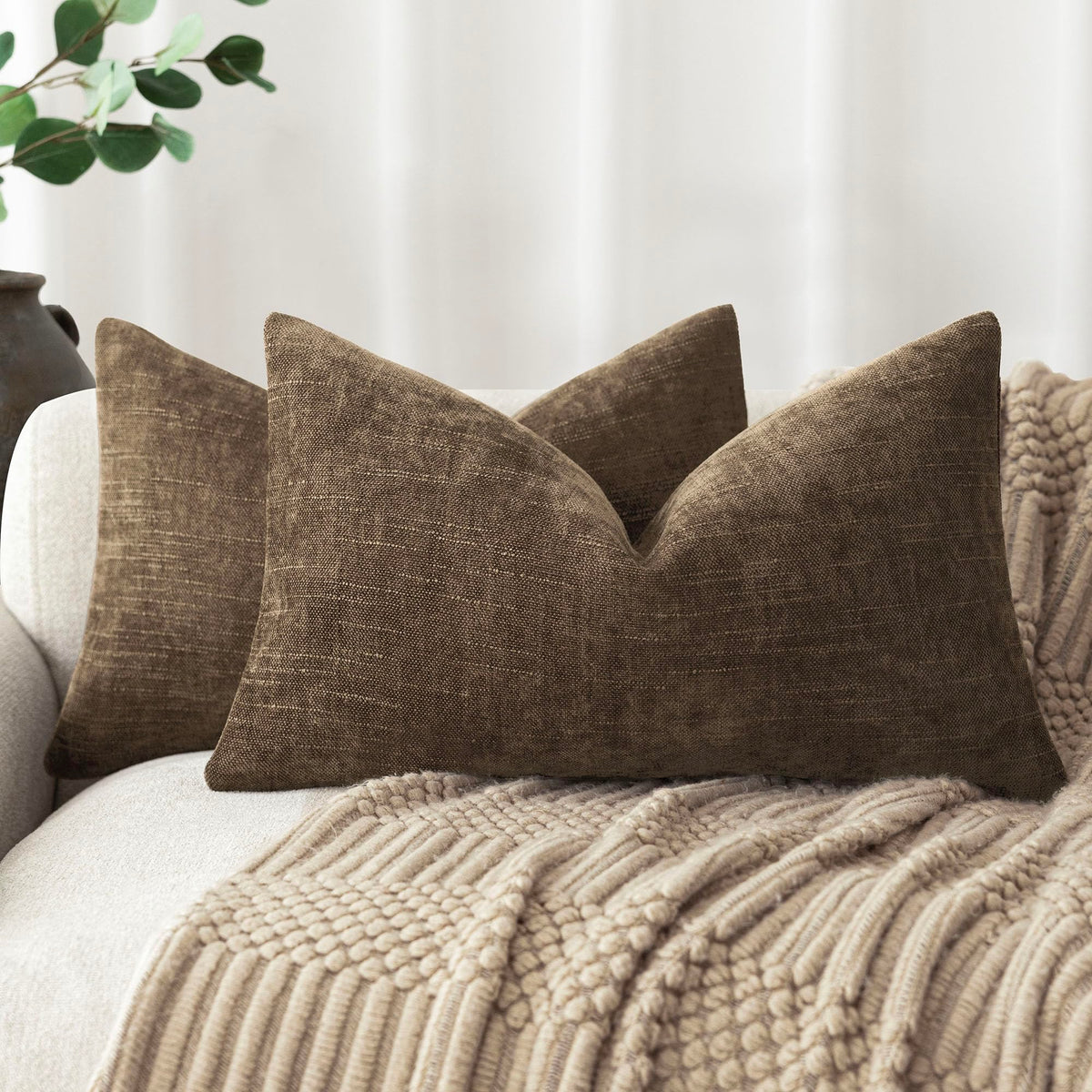 Foindtower Solid Textured Chenille Throw Pillow Covers 20x20 Inch,Taupe