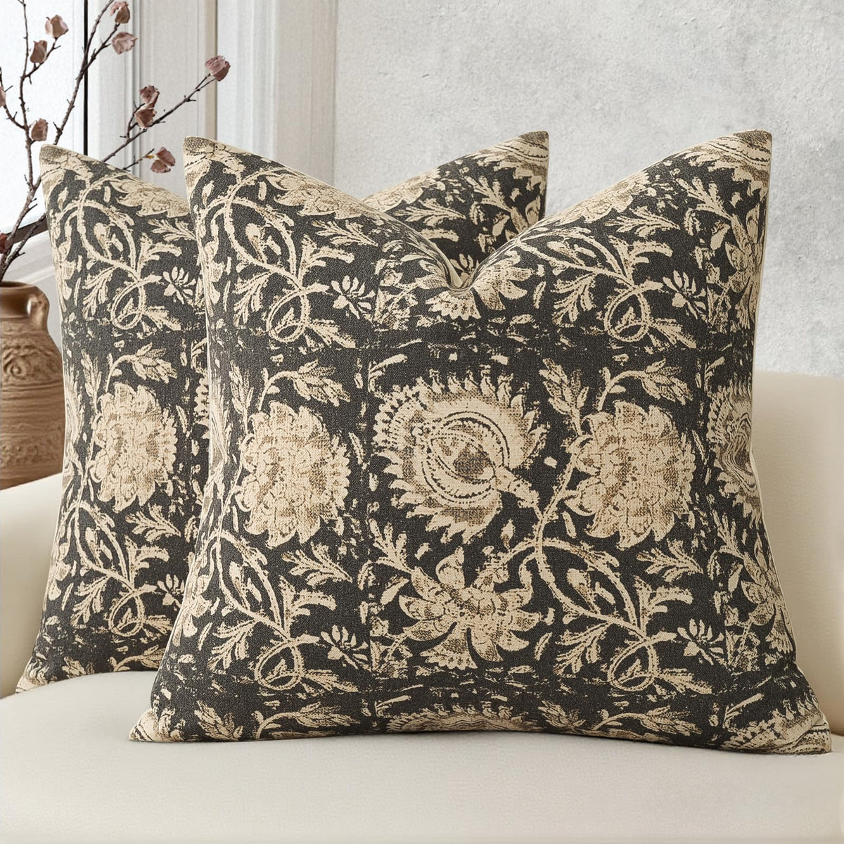 Vintage Floral Print Throw Pillow Covers 20x20 Set of 2 Neutral Modern Farmhouse Pillowcase Accent Decorative Cushion Covers Boho Home Decor for Couch Sofa Chair Bed Living Room, Olive Green
