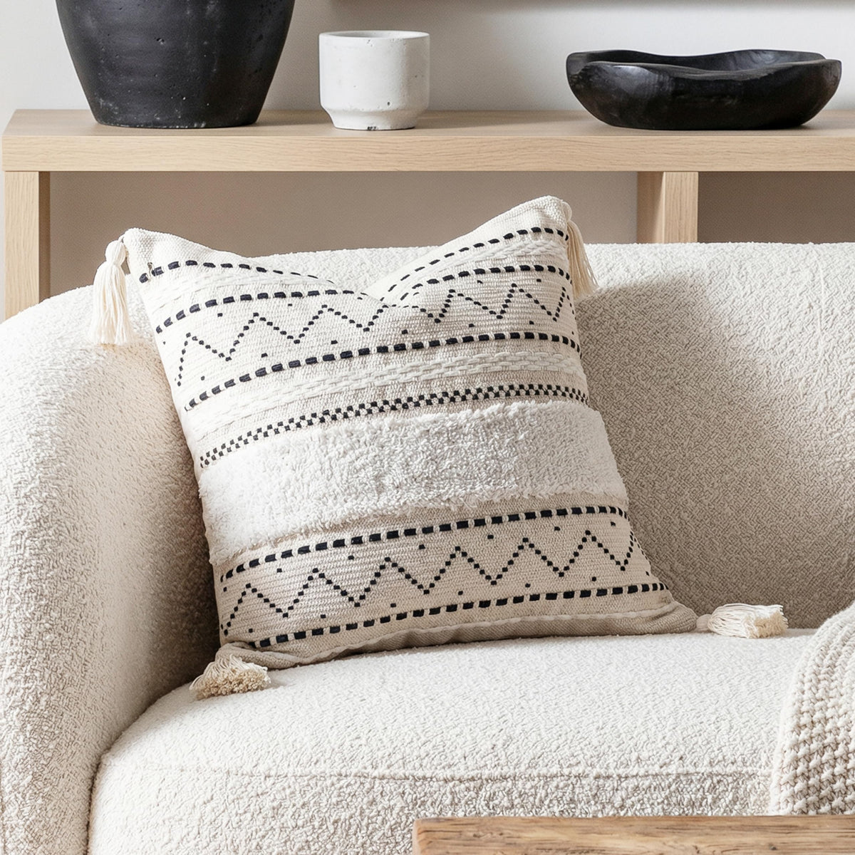 BlissBlush 14x36 Lumbar Pillow Cover for Bed, Rectangular Long Decorative Throw Pillowcase, Boho Accent Cushion with Tufted Pattern and Tassels, Cream Beige Neutral (Cover Only)